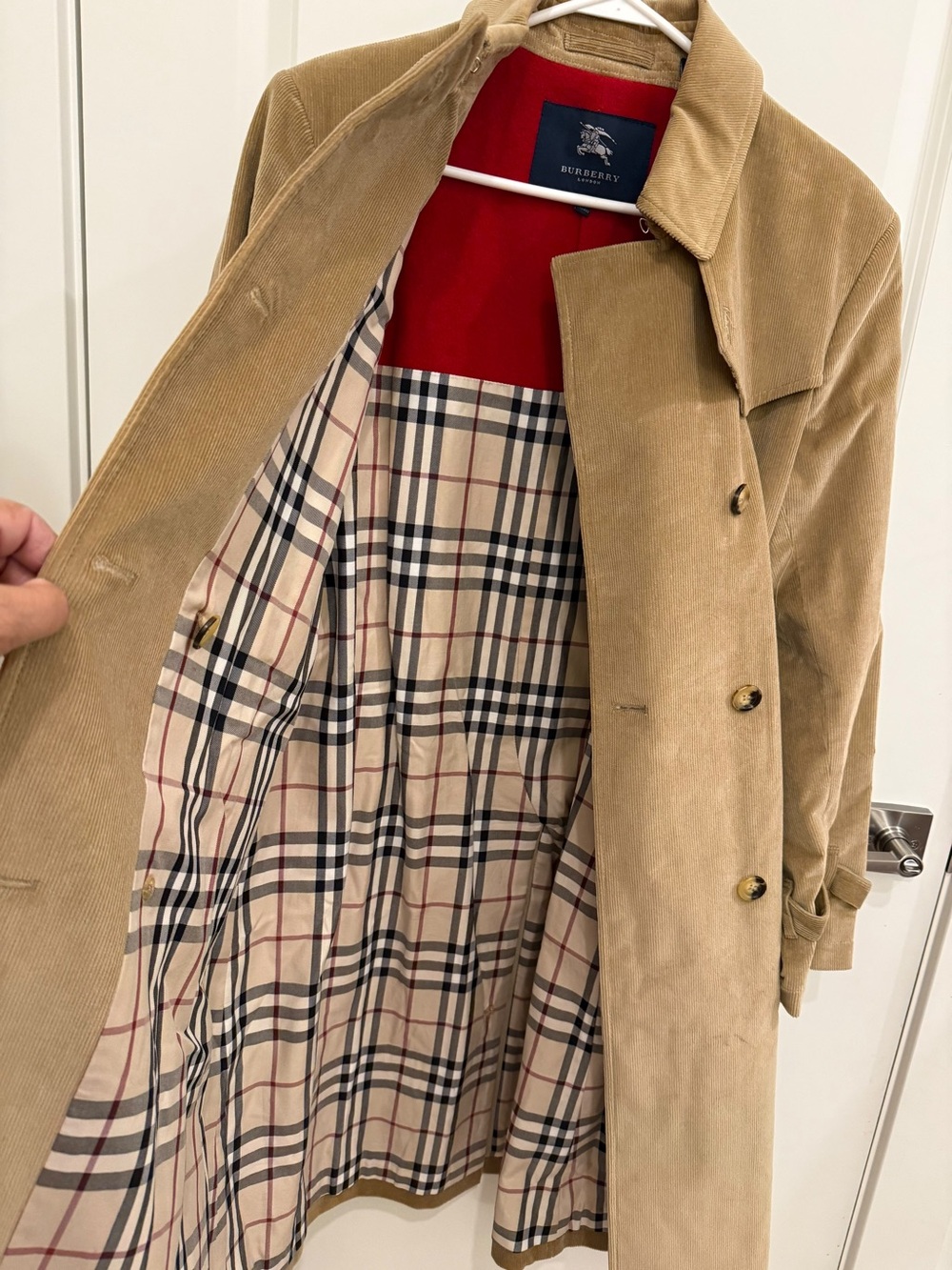 Burberry Tan Corduroy Trench Coat with Red Inner Yoke and Signature Check Lining